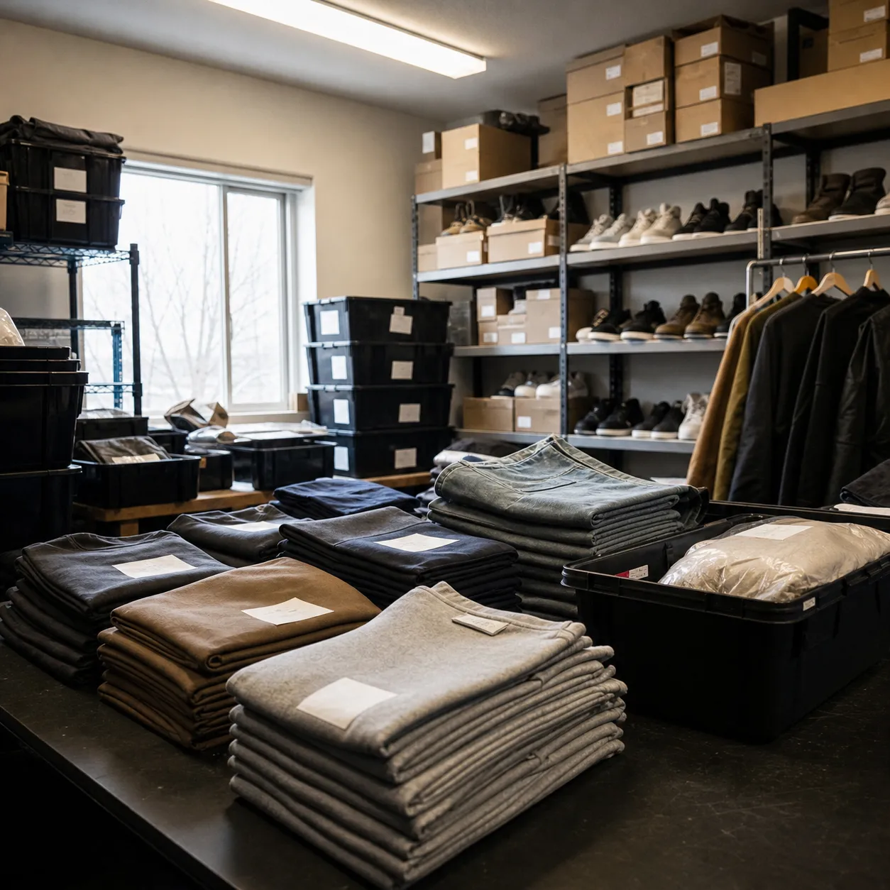 Folded apparel stacks, shoebox rows, and shipping bins inside a compact wholesale workroom
