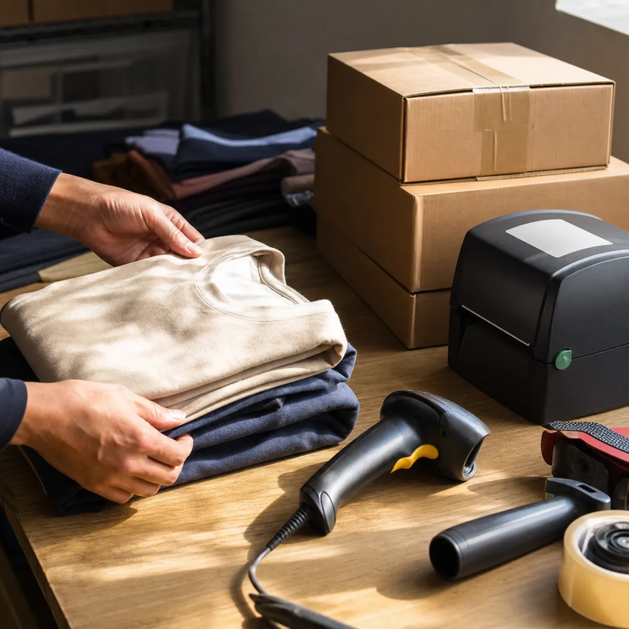 Hands checking folded garments beside a barcode scanner and sealed cartons