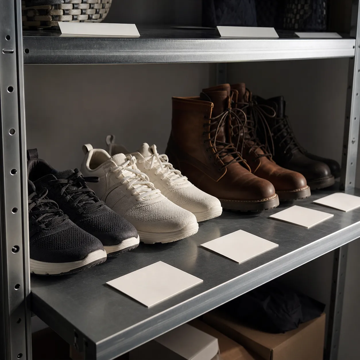 Footwear styles arranged beside packing labels and a metal shelf