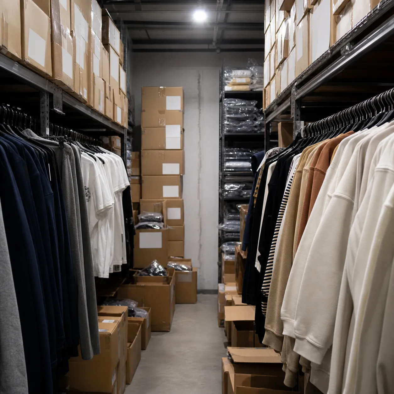 Apparel rails and carton labels in a narrow wholesale packing aisle